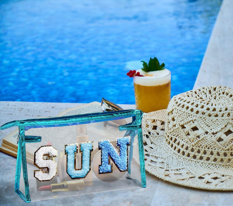 COSHAYSOO Clear Makeup Bag Preppy Sunscreen Pouch Beach Pool Summer Stuff Travel Cosmetic Toiletry Essentials Small Purse Organizer for Women Teenager Girl with Trendy Letter Patch Blue SUN - Image 4